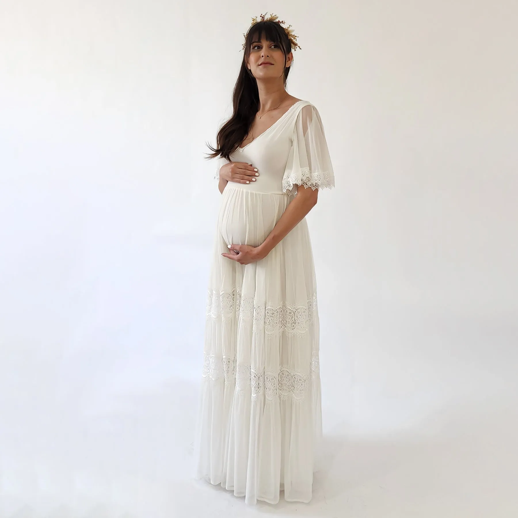 Maternity Romantic Chiffon Wedding dress, Vintage Butterfly Sleeves #7022