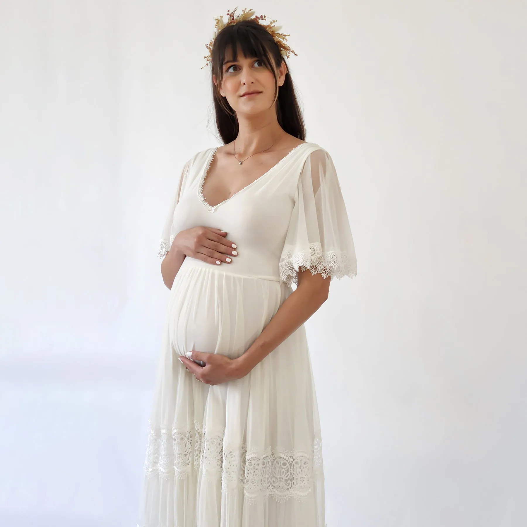 Maternity Romantic Chiffon Wedding dress, Vintage Butterfly Sleeves #7022