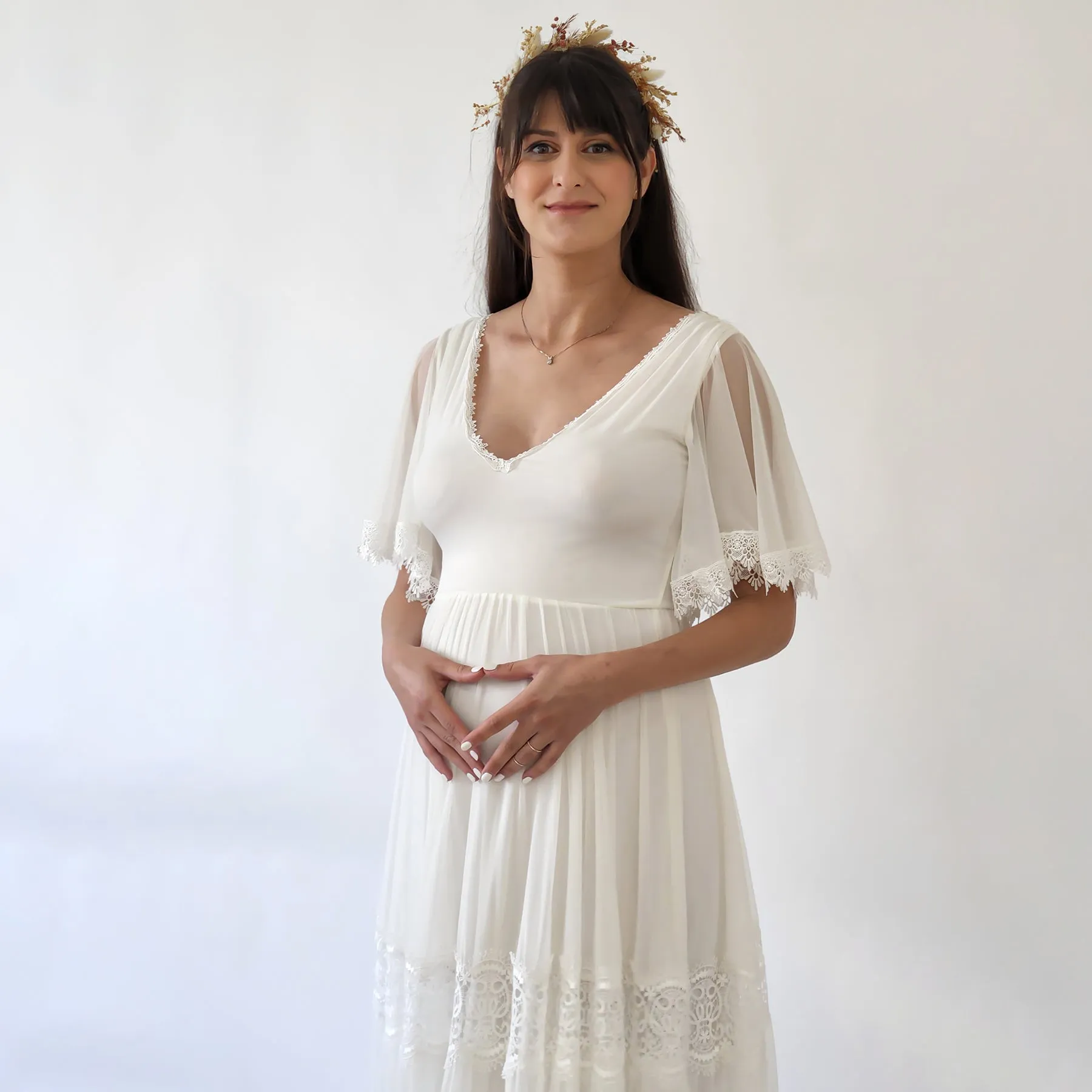 Maternity Romantic Chiffon Wedding dress, Vintage Butterfly Sleeves #7022