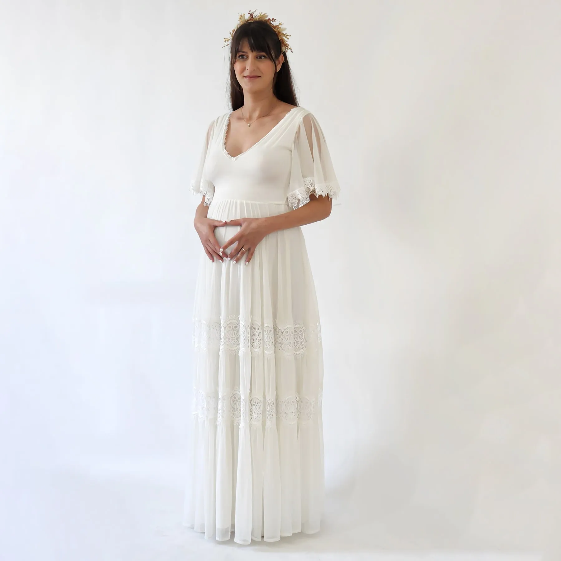 Maternity Romantic Chiffon Wedding dress, Vintage Butterfly Sleeves #7022