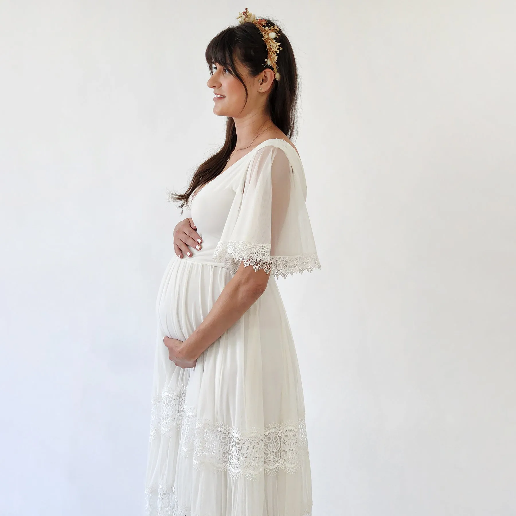 Maternity Romantic Chiffon Wedding dress, Vintage Butterfly Sleeves #7022