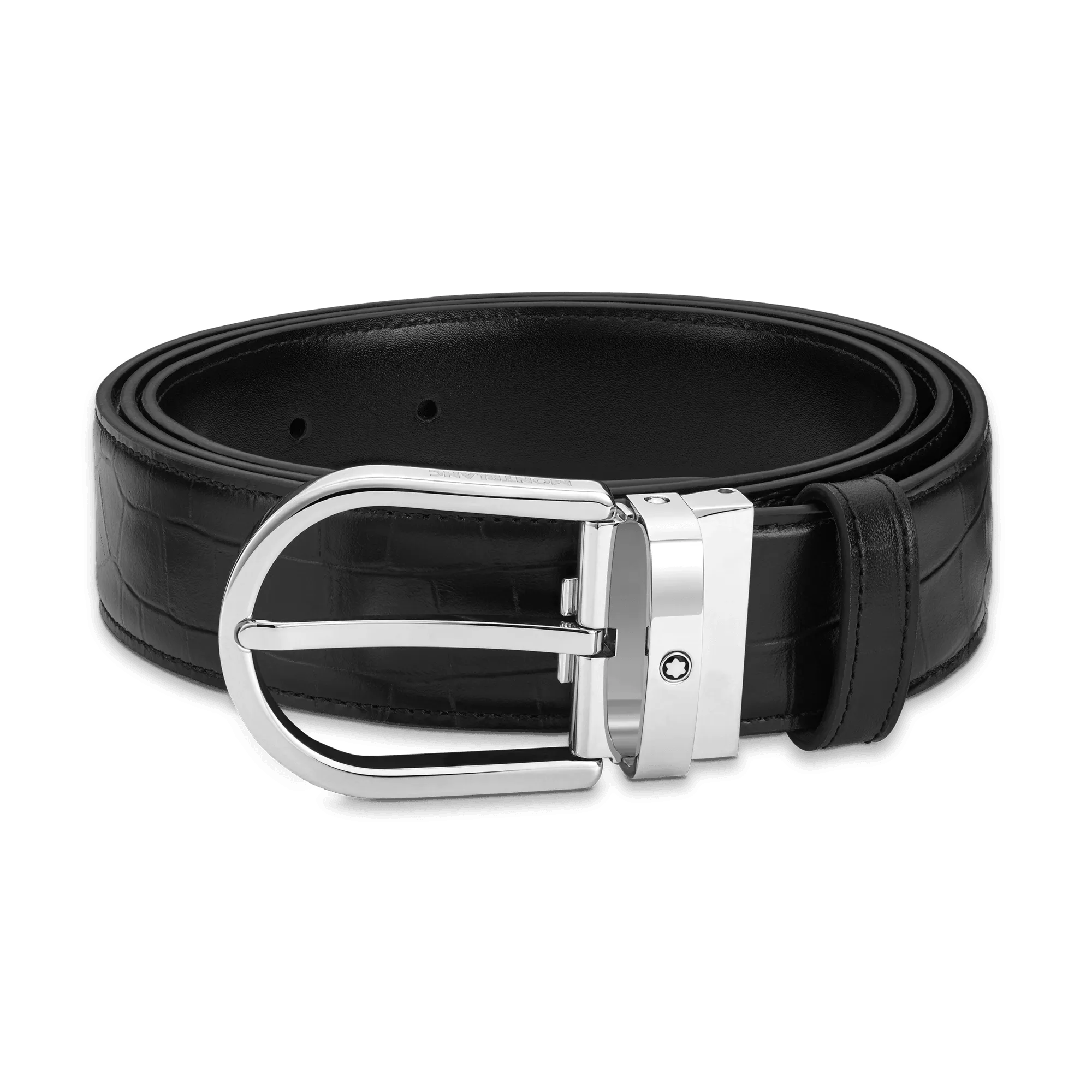 Montblanc 35mm belt Reverse black iron buckle smooth and printed black leather 130016