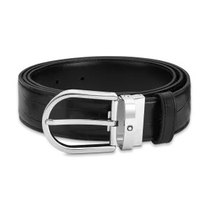 Montblanc 35mm belt Reverse black iron buckle smooth and printed black leather 130016
