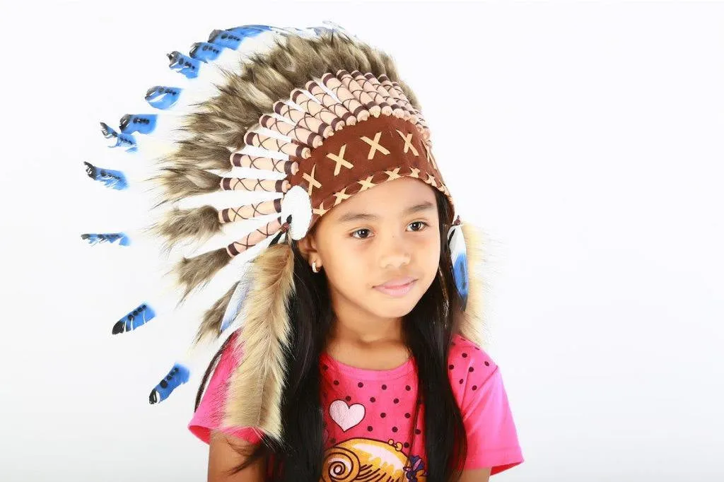 N34- From 5-8 years Kid / Child's: blue feather Headdress 21 inch. – 53,34 cm.
