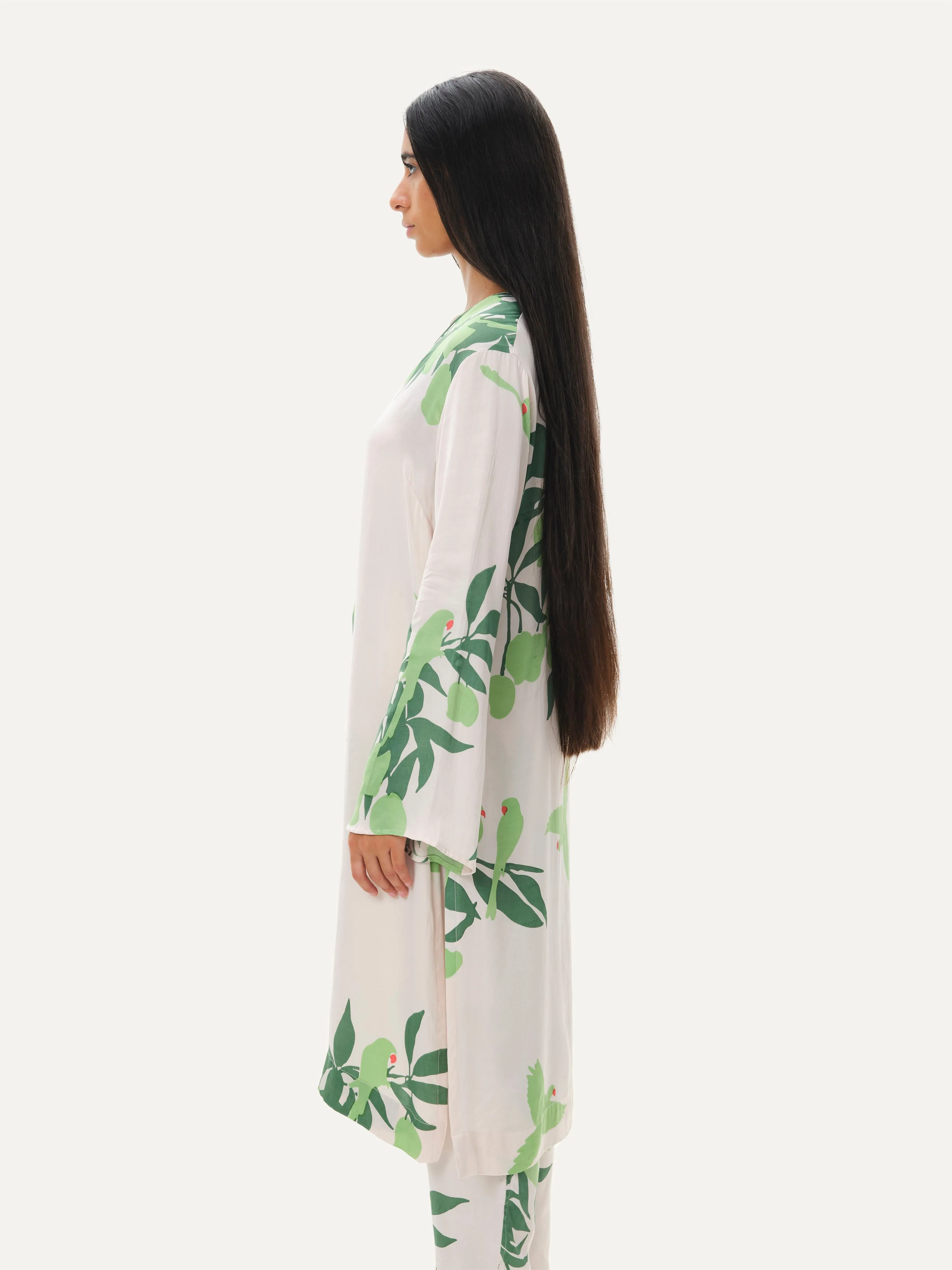 Naushad Ali   I   V-neck tunic Mangoes & Parrots Signature Spring Summer 2025 Soft Pink Cotton satin NA SS24 W03T