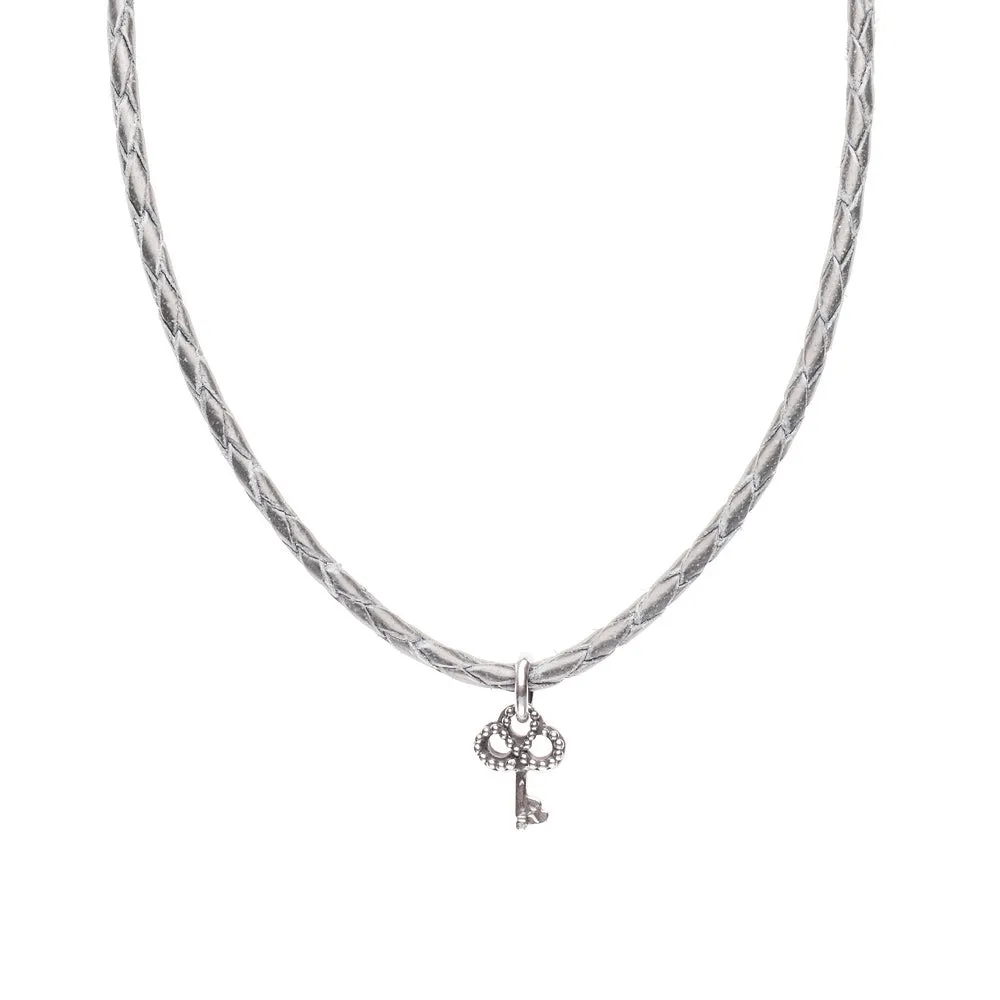 Necklace Leather Braided - Silver, M (24-26inch/61-66cm)