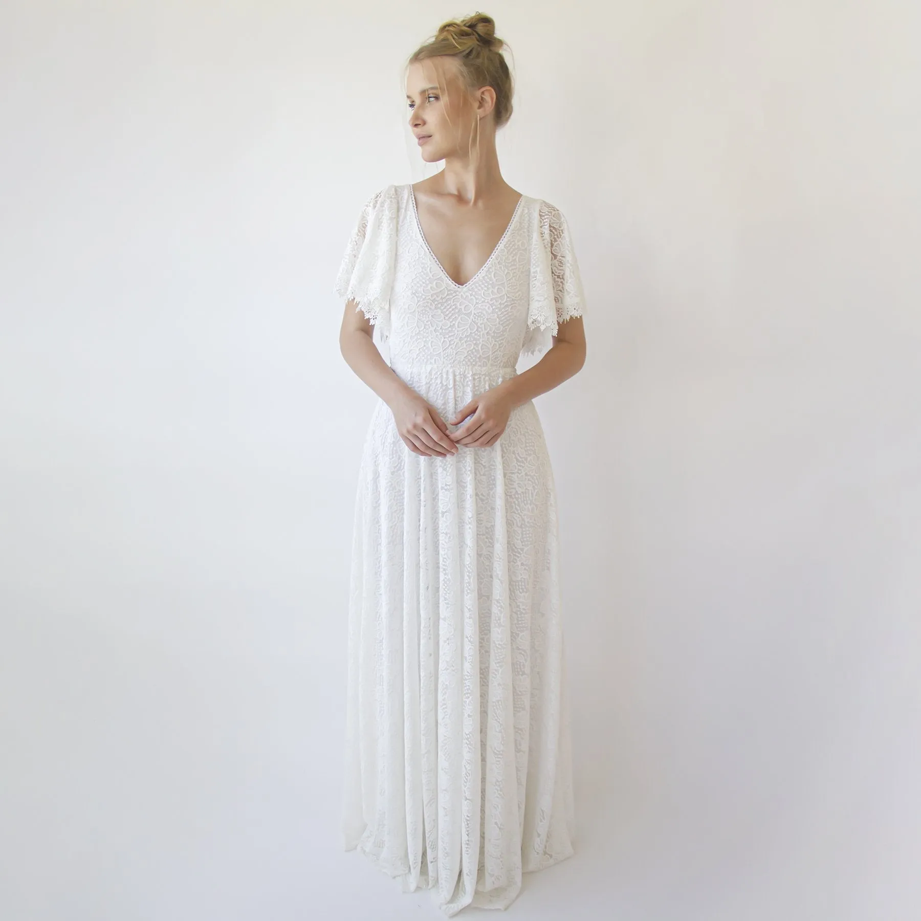 Open Back Wedding Dress, Lace Short Sleeves Bridal Dress #1360