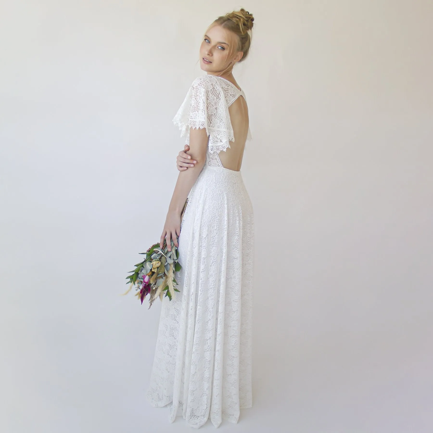 Open Back Wedding Dress, Lace Short Sleeves Bridal Dress #1360