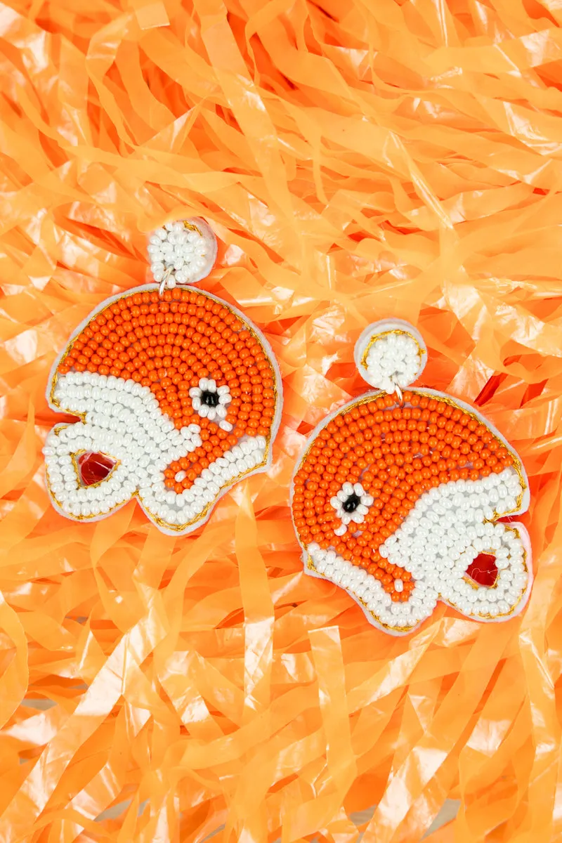 Orange and White Seed Bead Football Helmet Earrings