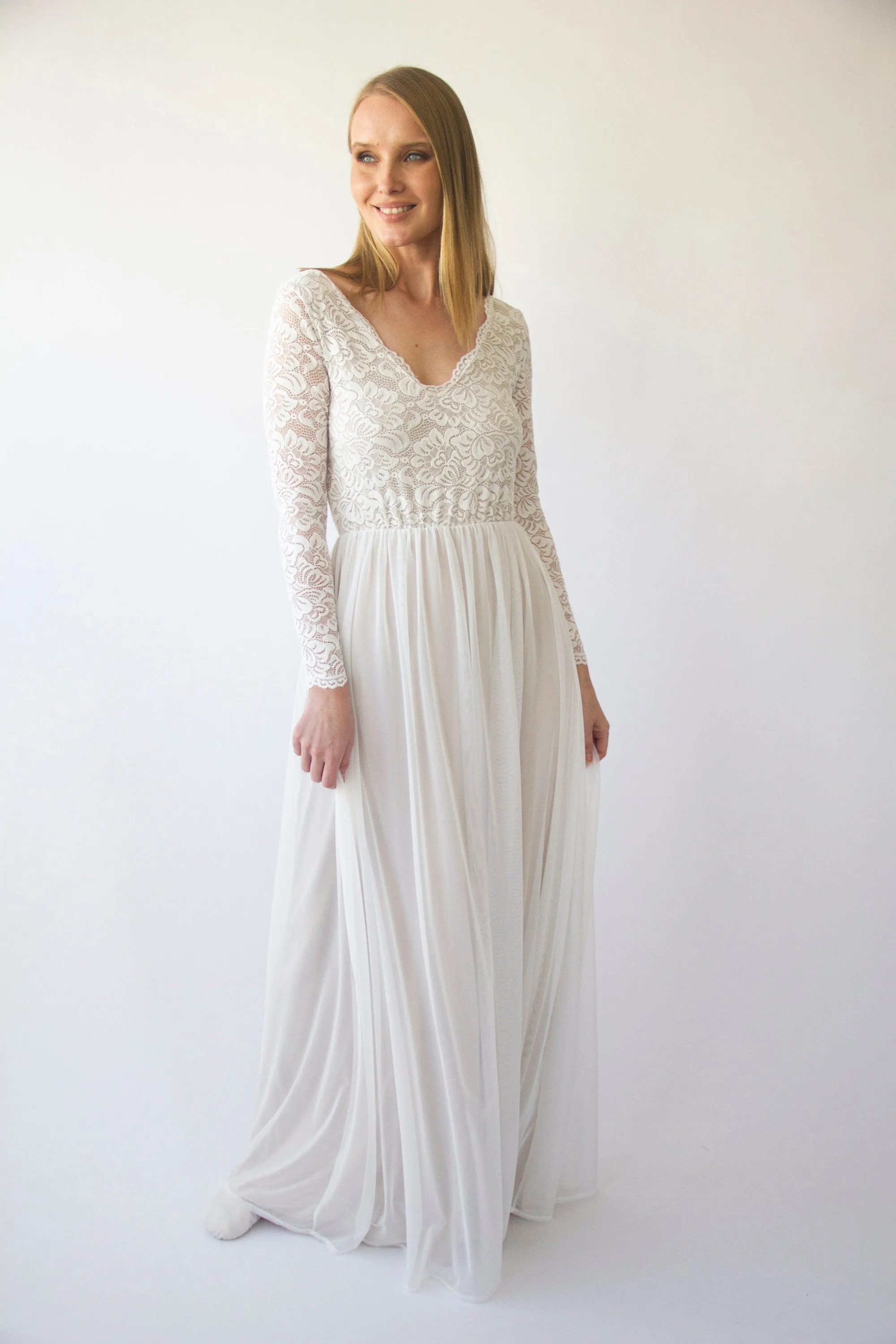 Pearly Vintage Lace Long Sleeves dress, Backless wedding dress, V neckline bridal outfit #1392