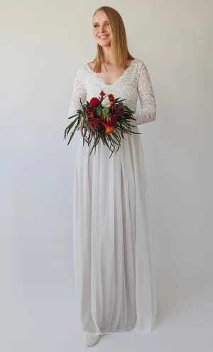 Pearly Vintage Lace Long Sleeves dress, Backless wedding dress, V neckline bridal outfit #1392