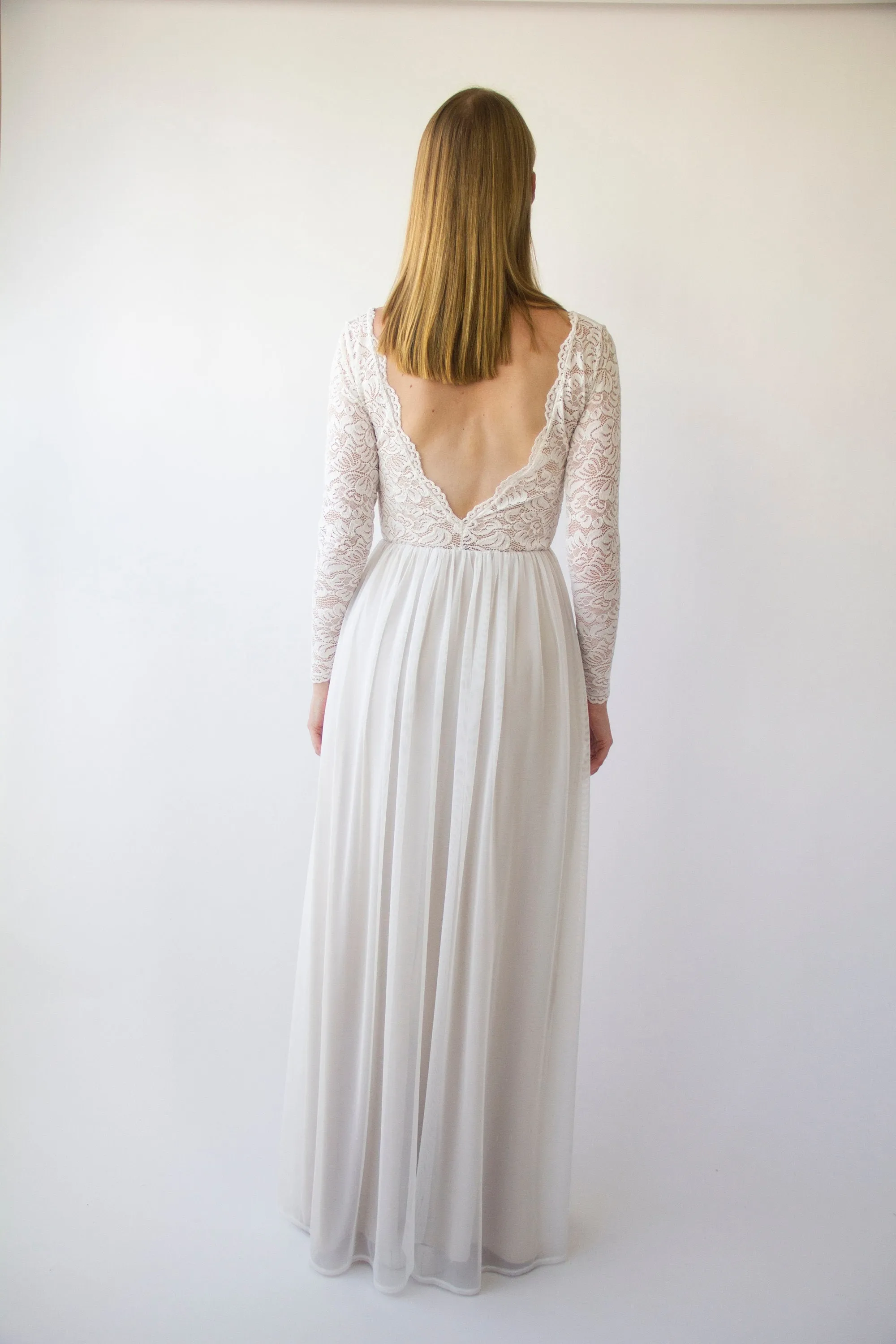Pearly Vintage Lace Long Sleeves dress, Backless wedding dress, V neckline bridal outfit #1392