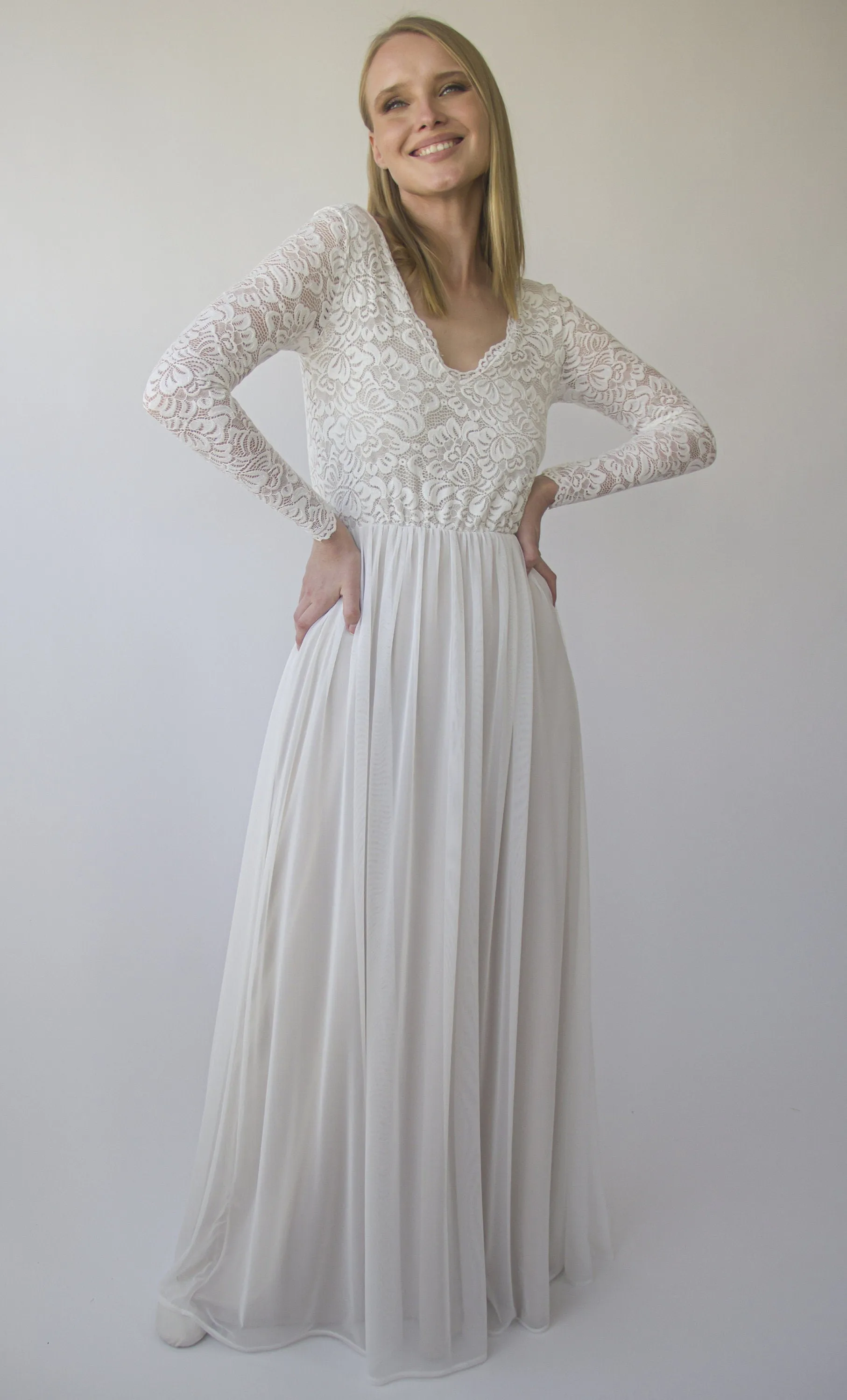 Pearly Vintage Lace Long Sleeves dress, Backless wedding dress, V neckline bridal outfit #1392