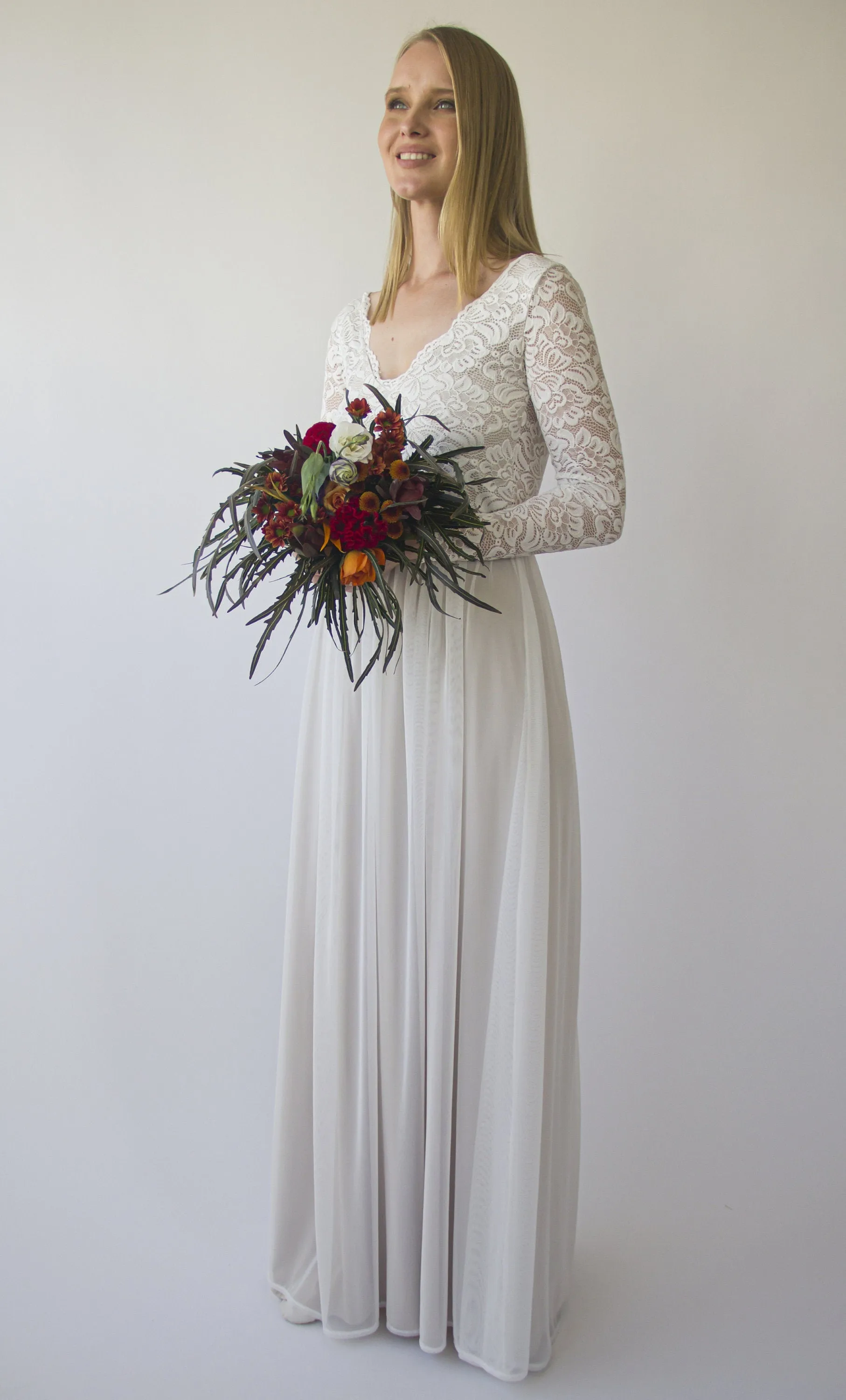Pearly Vintage Lace Long Sleeves dress, Backless wedding dress, V neckline bridal outfit #1392