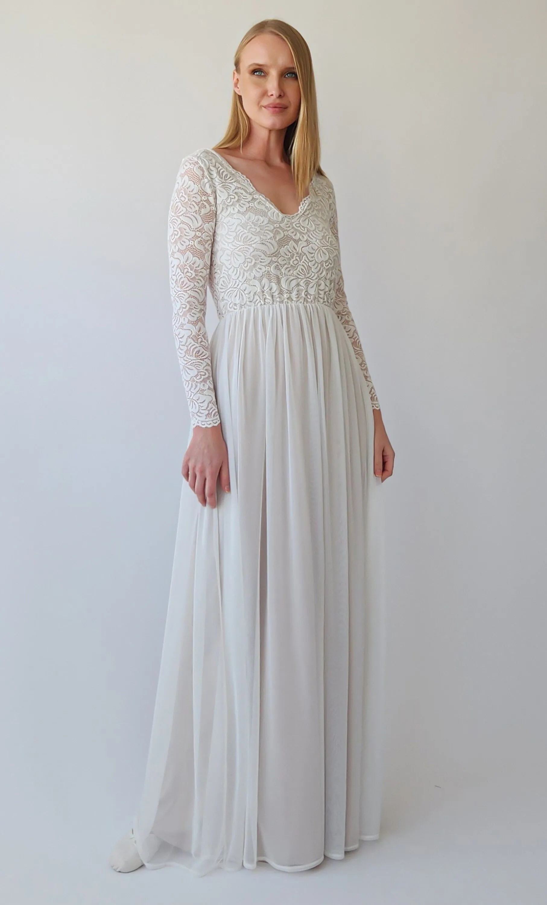 Pearly Vintage Lace Long Sleeves dress, Backless wedding dress, V neckline bridal outfit #1392
