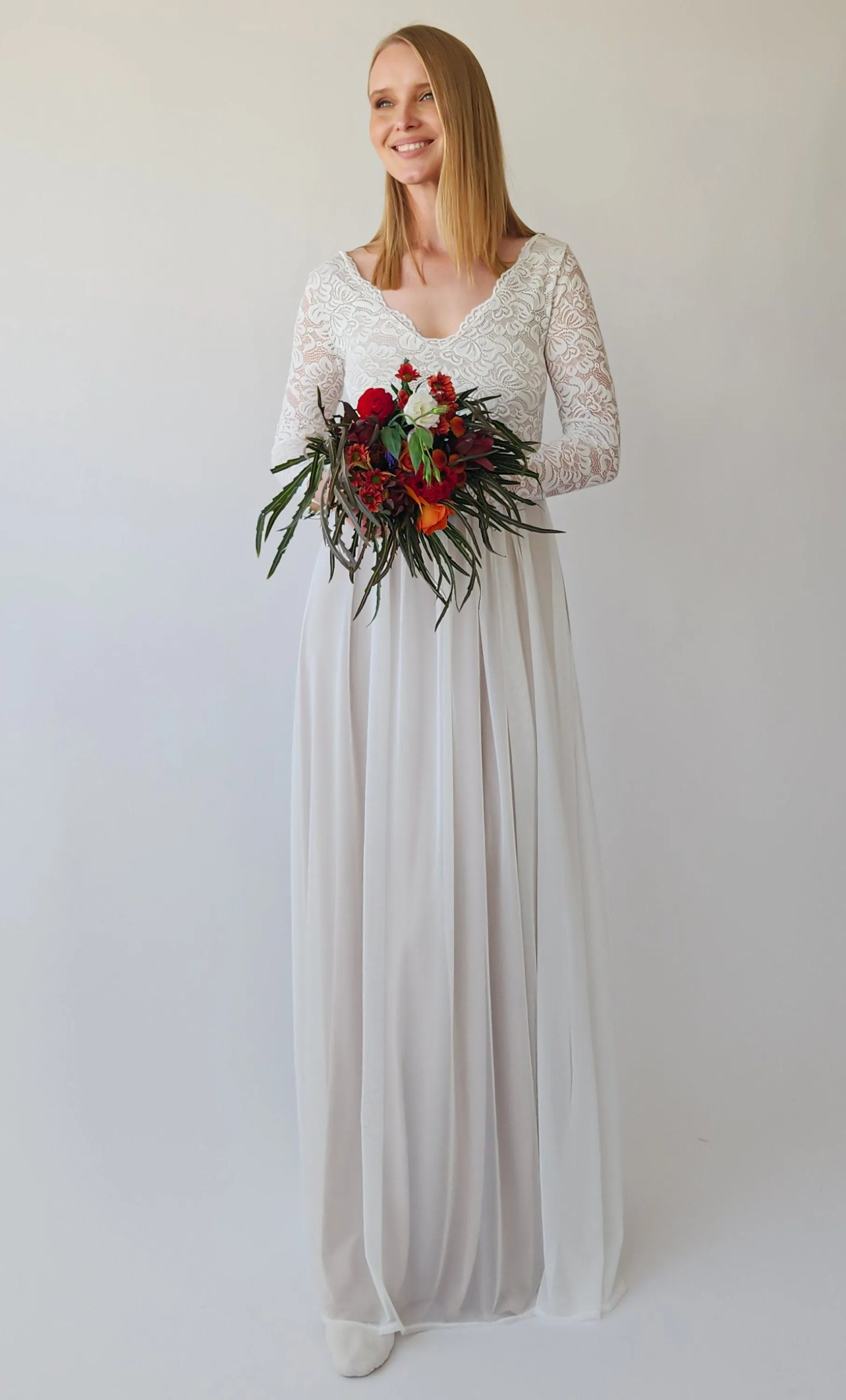 Pearly Vintage Lace Long Sleeves dress, Backless wedding dress, V neckline bridal outfit #1392
