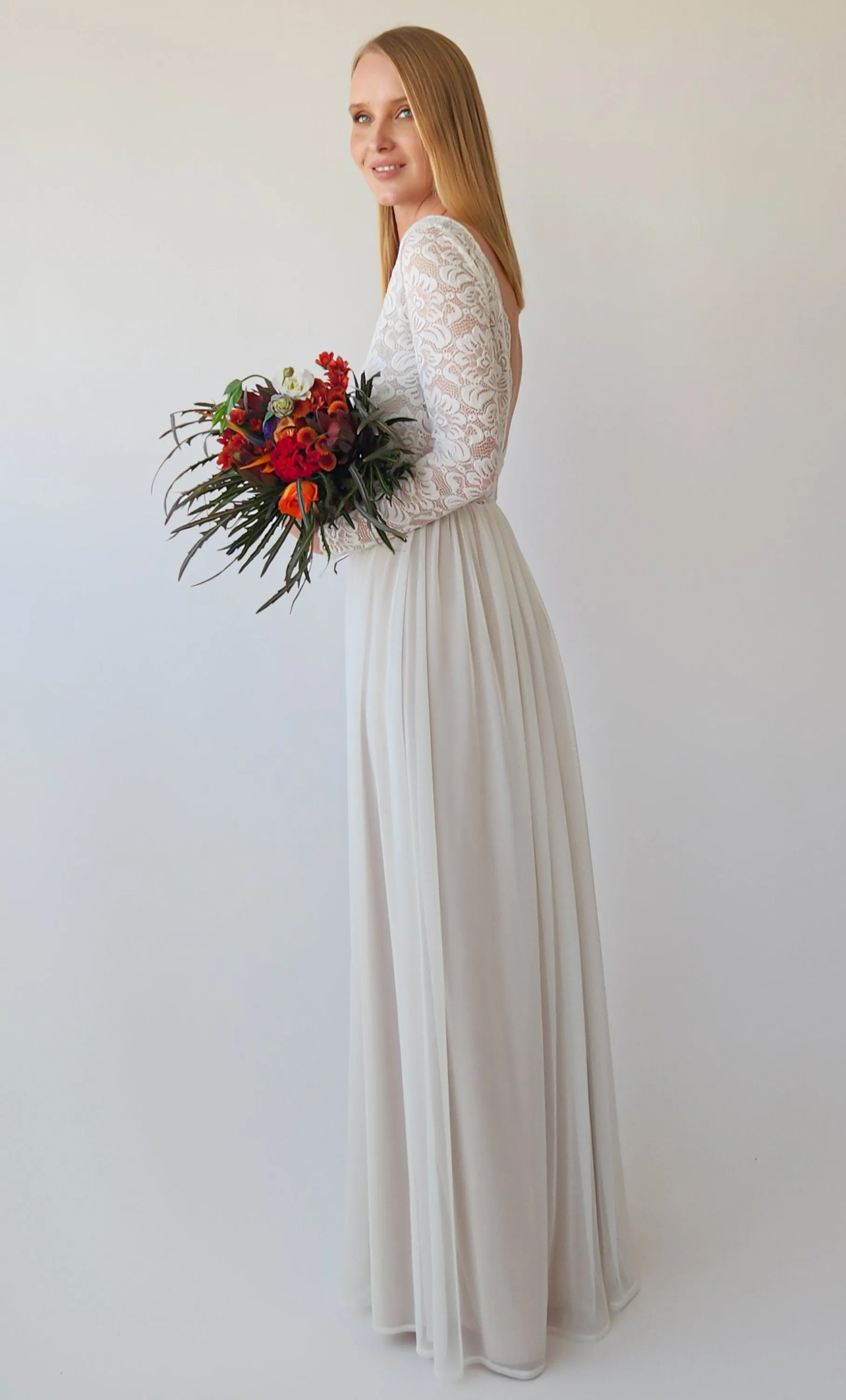 Pearly Vintage Lace Long Sleeves dress, Backless wedding dress, V neckline bridal outfit #1392