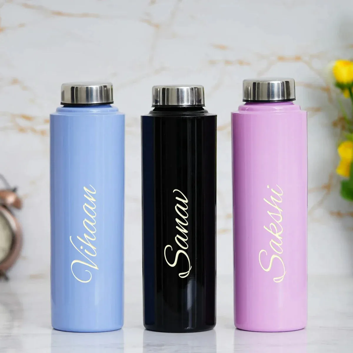 Personalised Voilet Classic Smart Bottle (1 Litre), Stainless Steel Mug & All in One Men's Combo (3 pcs) - Grey