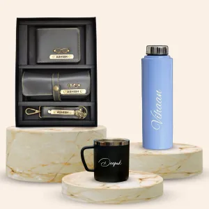 Personalised Voilet Classic Smart Bottle (1 Litre), Stainless Steel Mug & All in One Men's Combo (3 pcs) - Grey