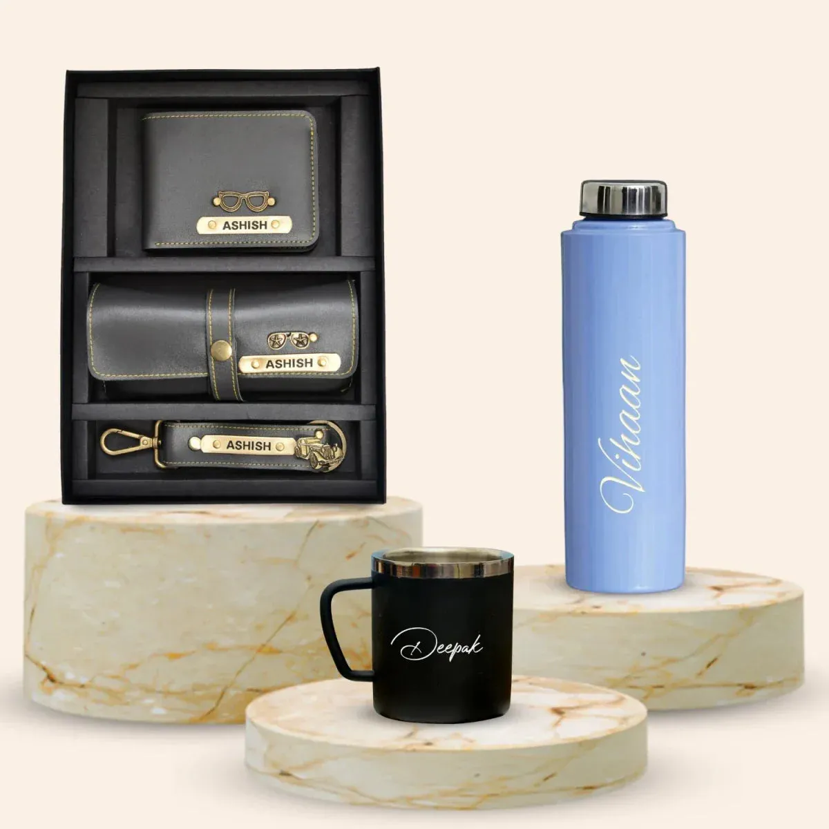 Personalised Voilet Classic Smart Bottle (1 Litre), Stainless Steel Mug & All in One Men's Combo (3 pcs) - Grey