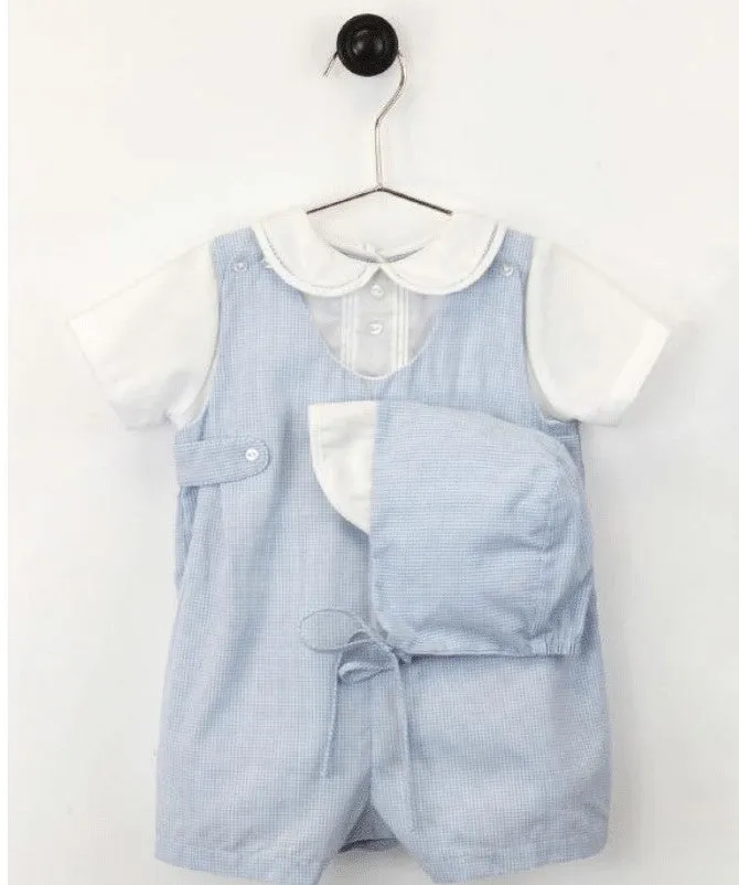 Petit Ami Boys Blue Gingham Romper Jon Jon & Hat Preemie Newborn 3 6 9 Months