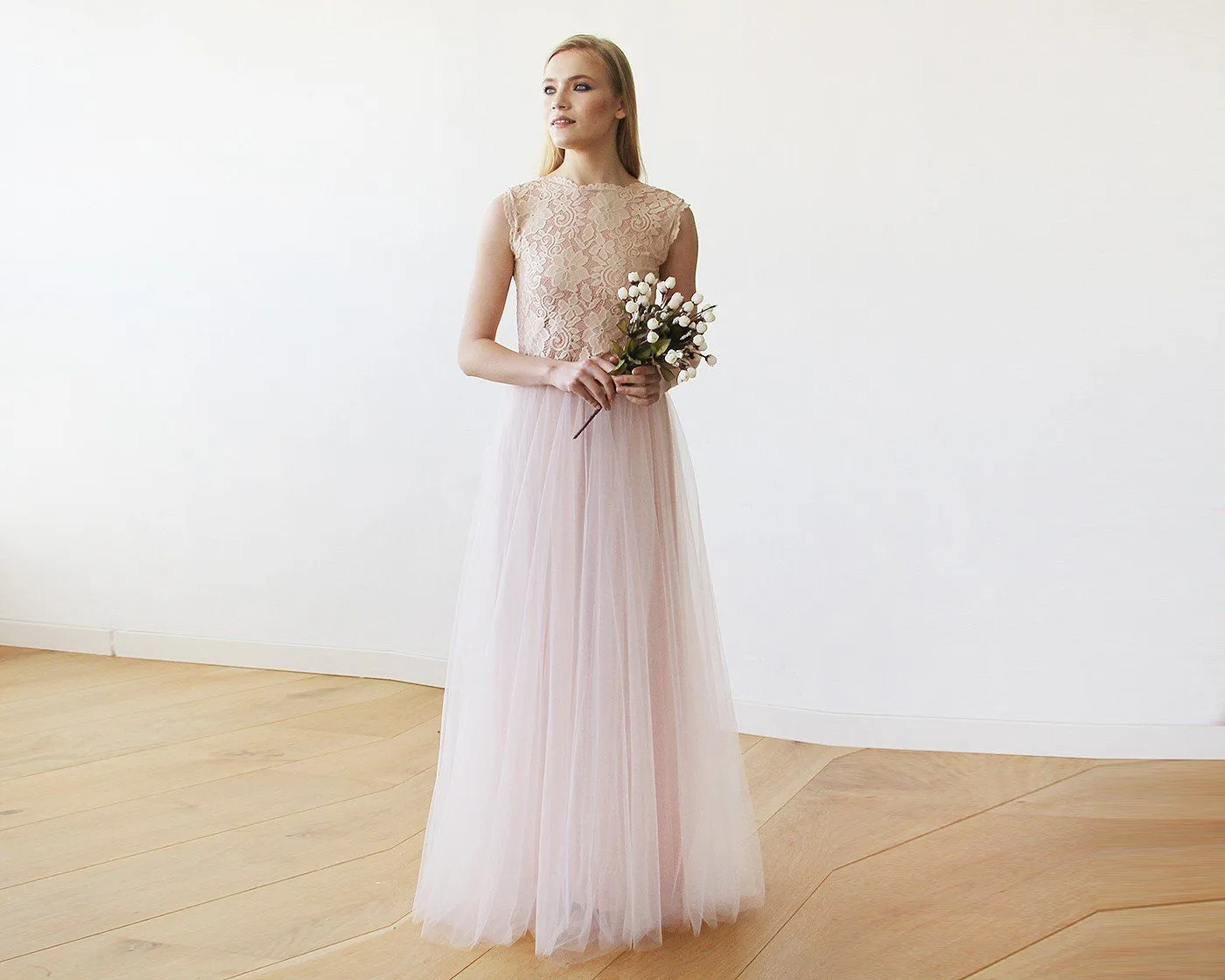 Pink Blush Tulle & Lace Sleeveless Maxi Gown #1145