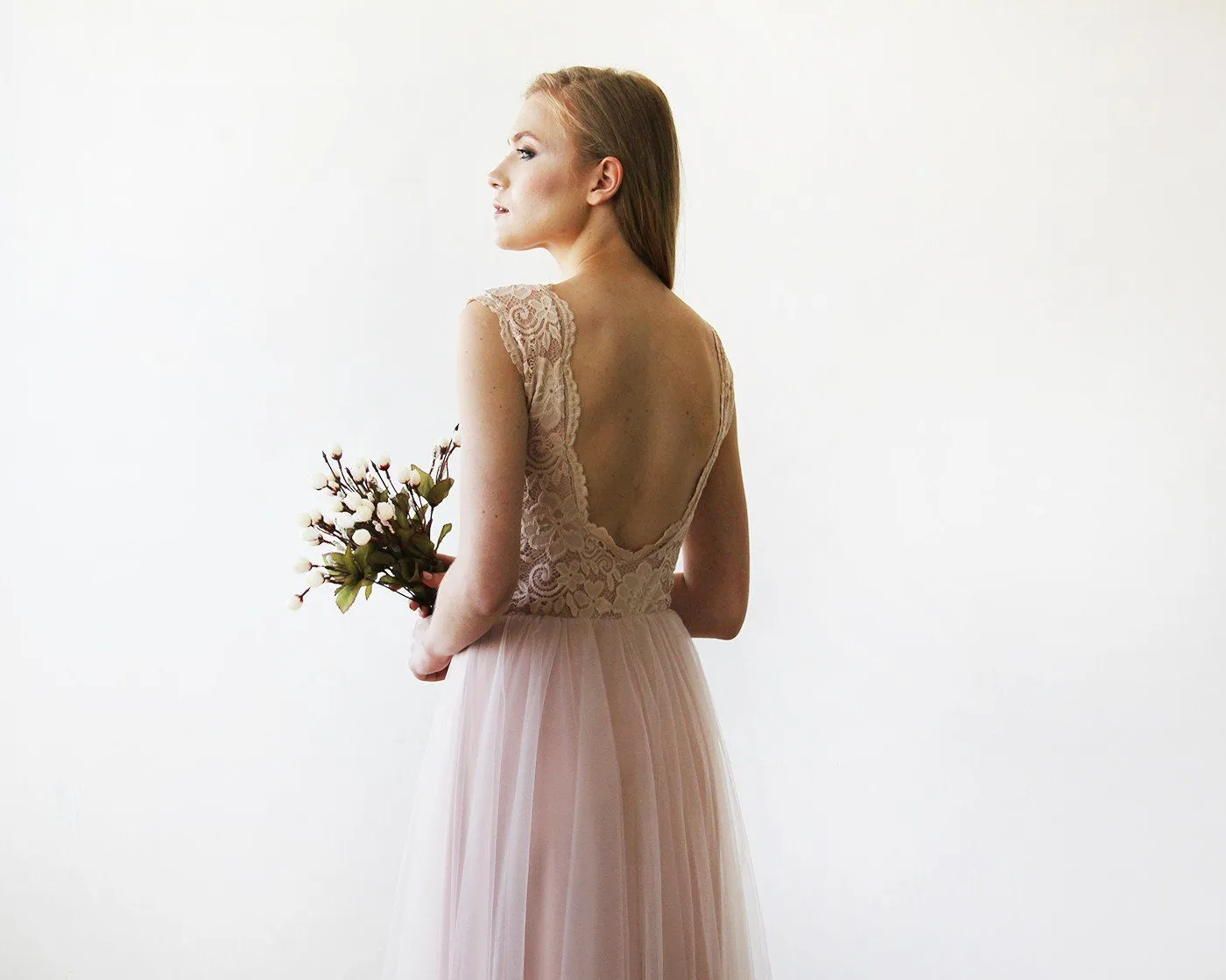 Pink Blush Tulle & Lace Sleeveless Maxi Gown #1145