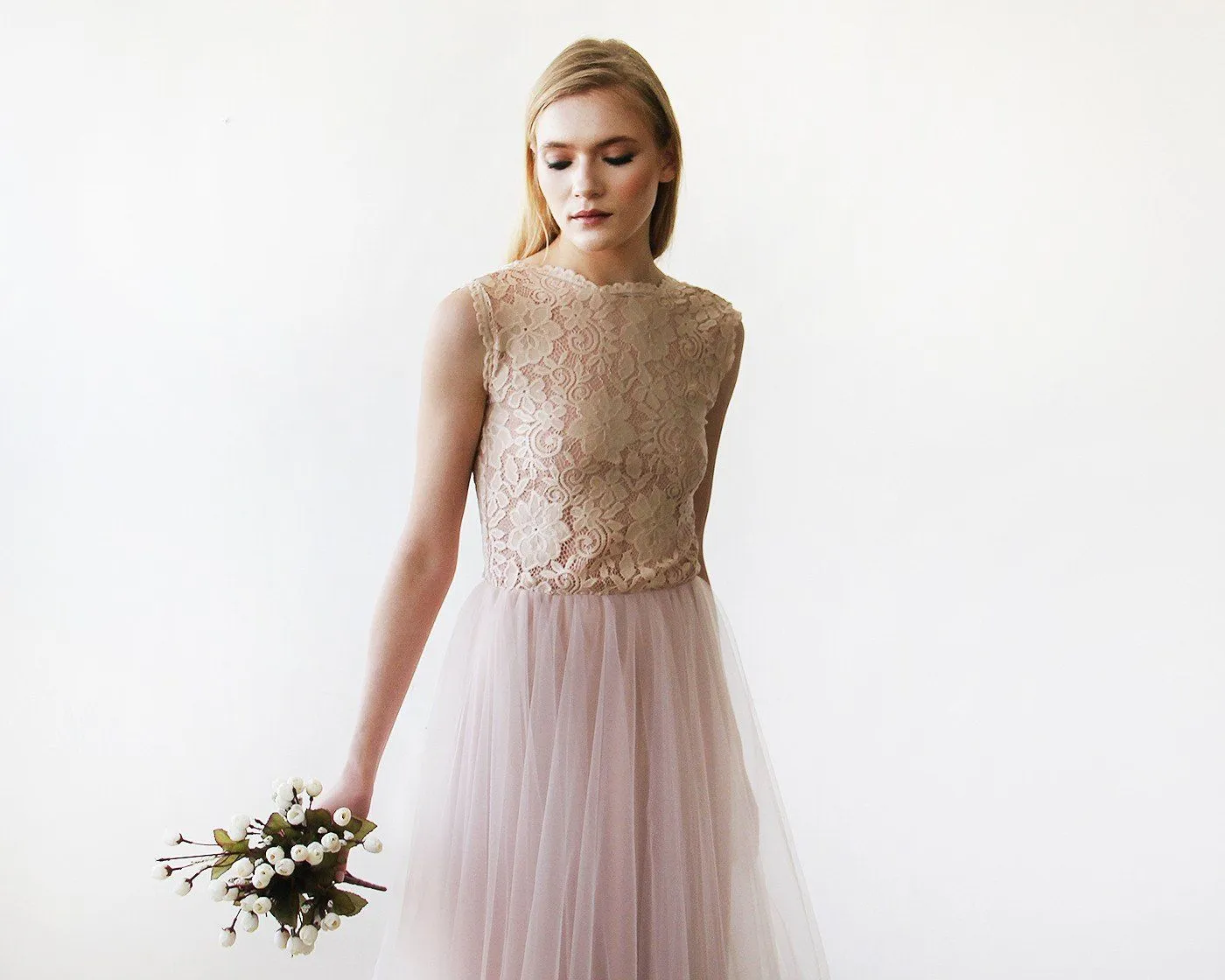 Pink Blush Tulle & Lace Sleeveless Maxi Gown #1145