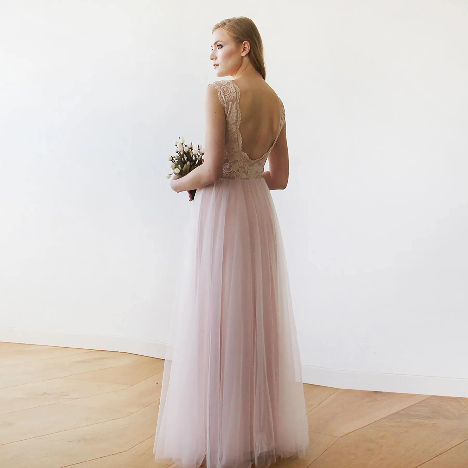 Pink Blush Tulle & Lace Sleeveless Maxi Gown #1145