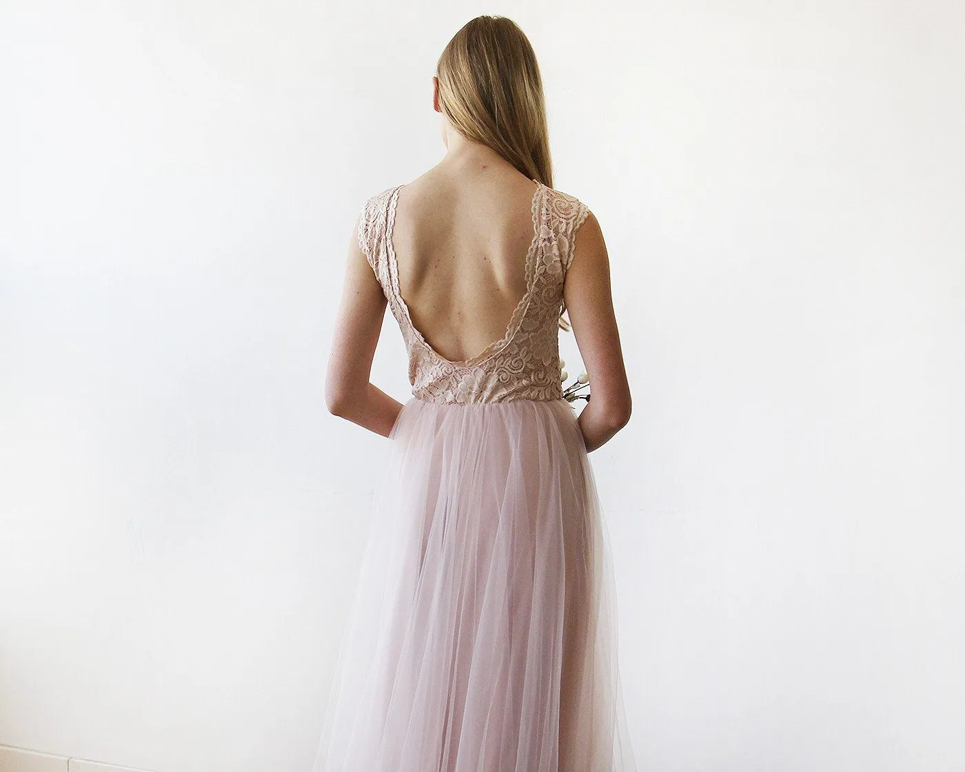 Pink Blush Tulle & Lace Sleeveless Maxi Gown #1145
