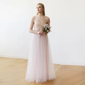 Pink Blush Tulle & Lace Sleeveless Maxi Gown #1145