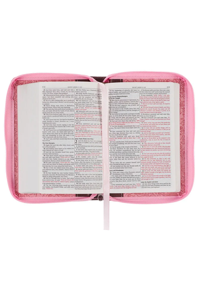 Pink Floral Faux Leather Zippered Mini Pocket KJV Bible