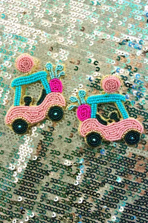 Pink Golf Cart Seed Bead Earrings