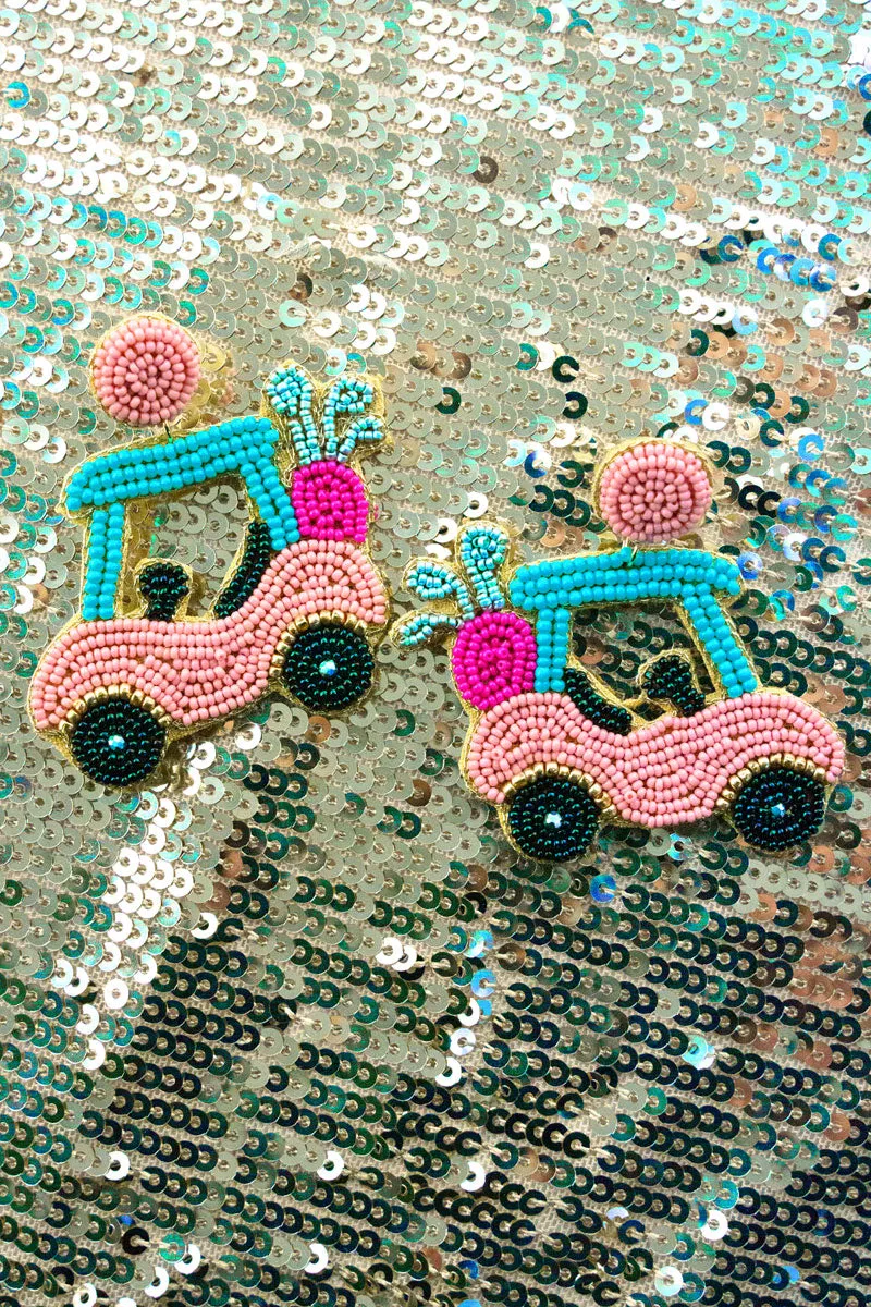 Pink Golf Cart Seed Bead Earrings