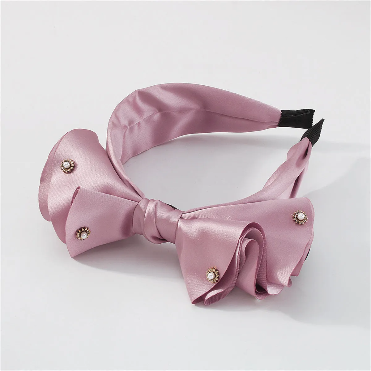 Pink Polyster & Pearl Bow-Accent Hard Headband