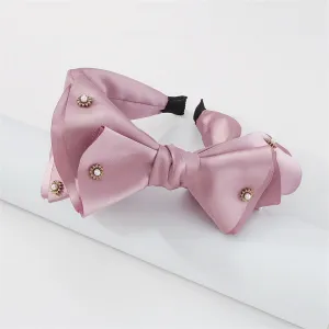 Pink Polyster & Pearl Bow-Accent Hard Headband