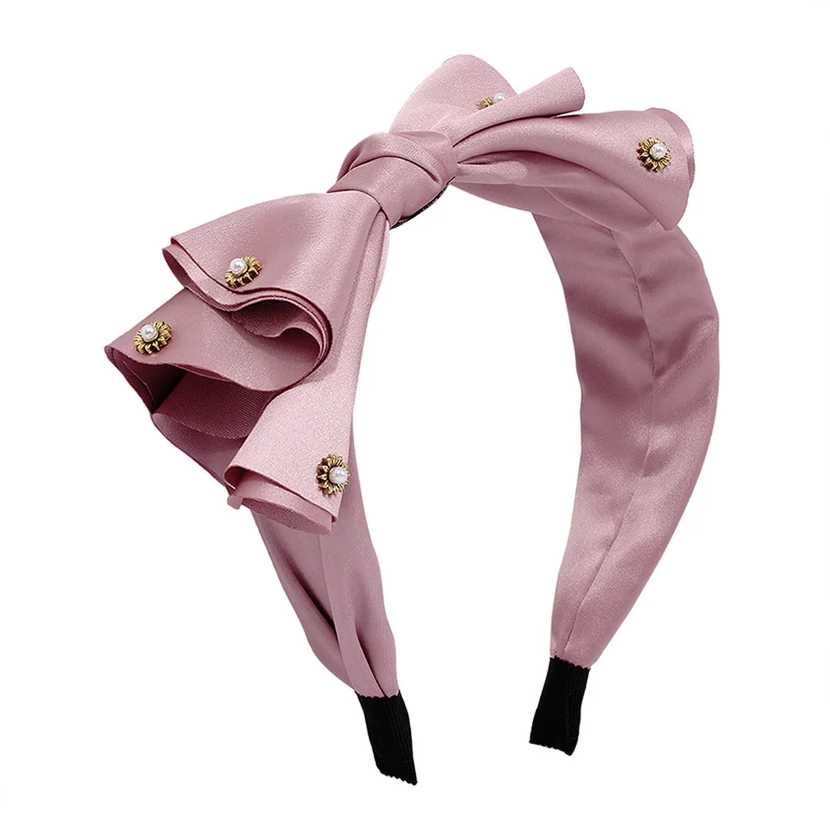 Pink Polyster & Pearl Bow-Accent Hard Headband