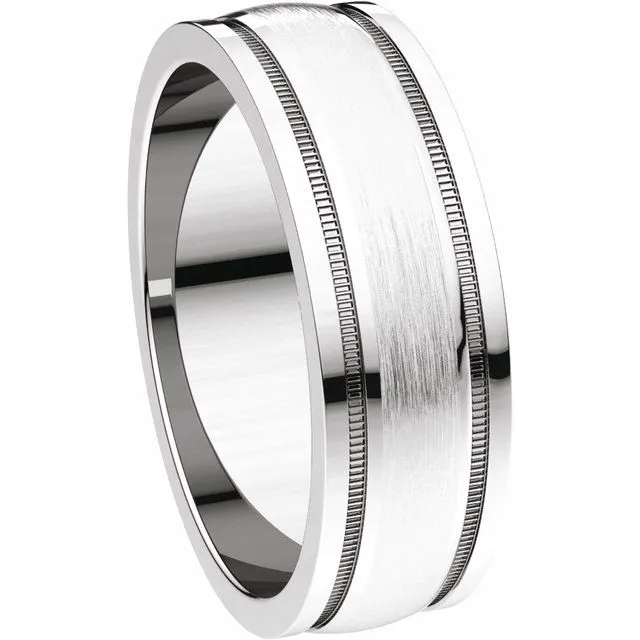 Platinum 6 mm Flat Edge Comfort-Fit Milgrain Band With Satin Finish Center