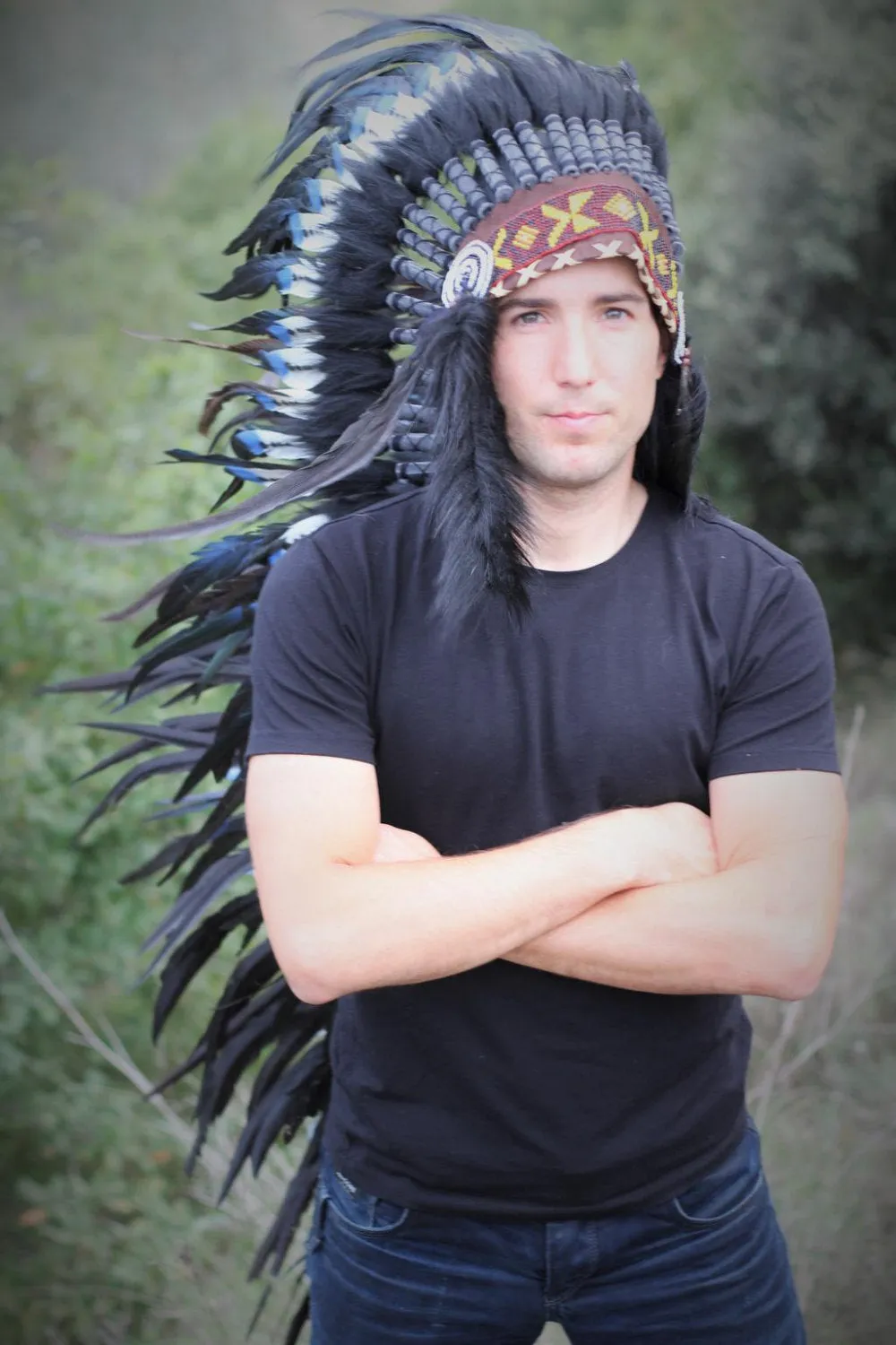 PRICE REDUCED N103- Extra Large blue doble Feather Headdress (43 inch long )