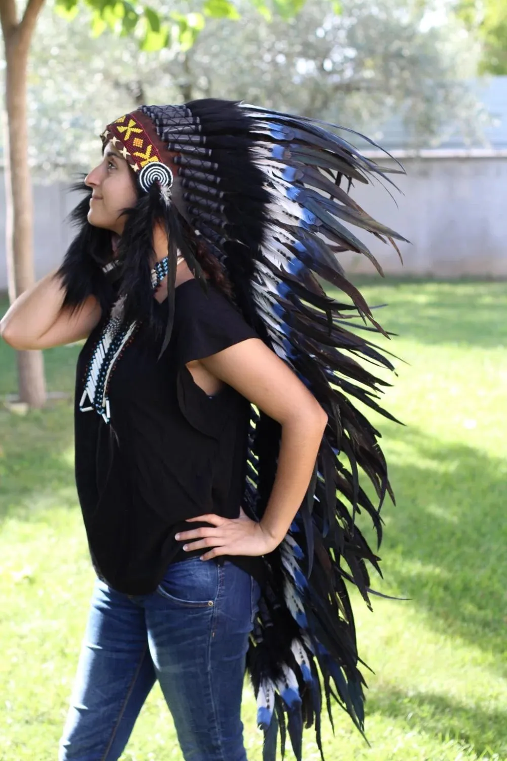 PRICE REDUCED N103- Extra Large blue doble Feather Headdress (43 inch long )