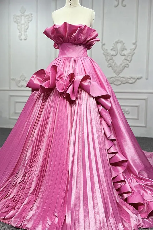 Princess Satin Ball Gown Tiered Strapless Sleeveless Evening Dresses