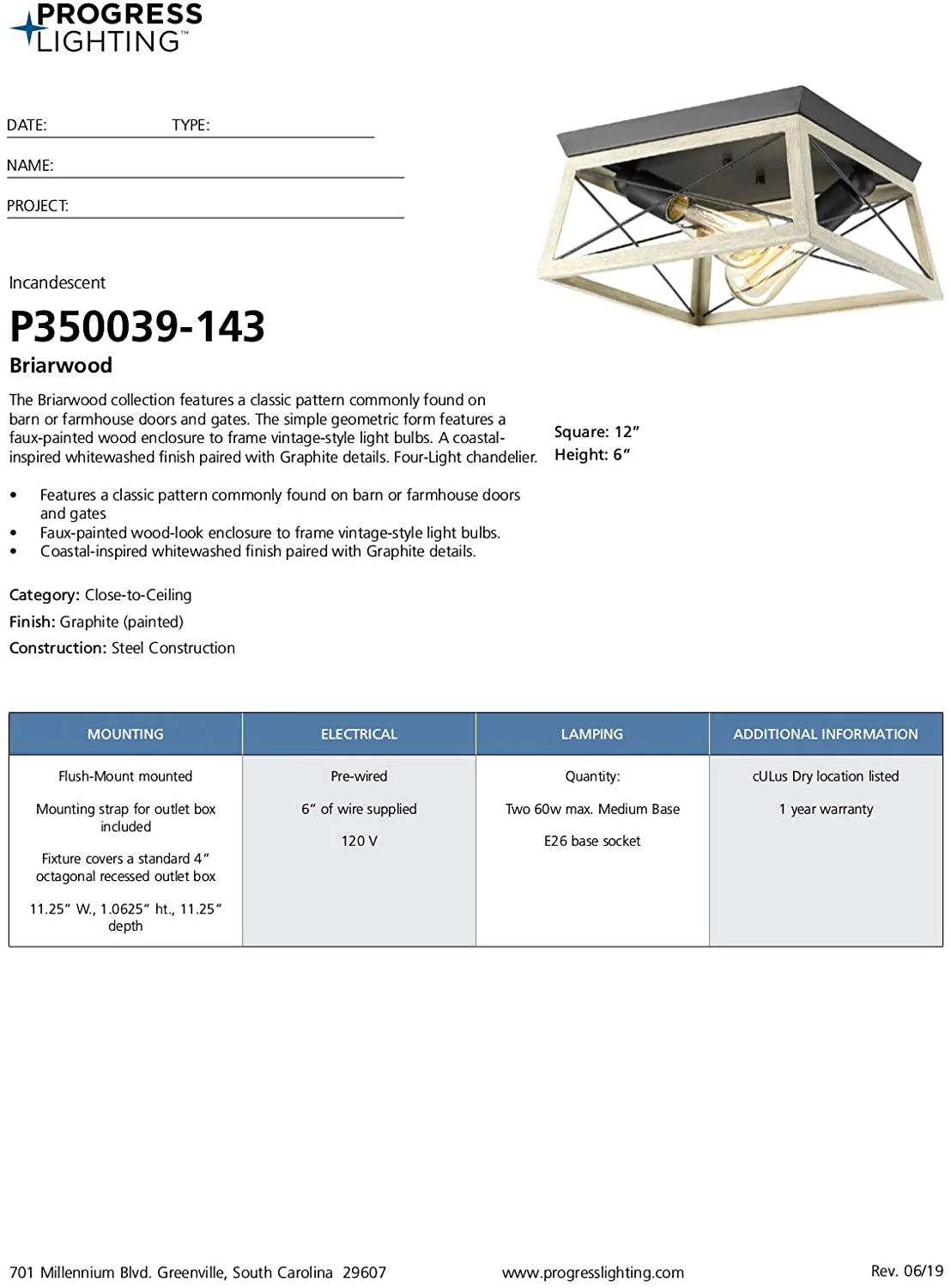 Progress Lighting P350039-143 Briarwood Two-Light Flush Mount, Graphite