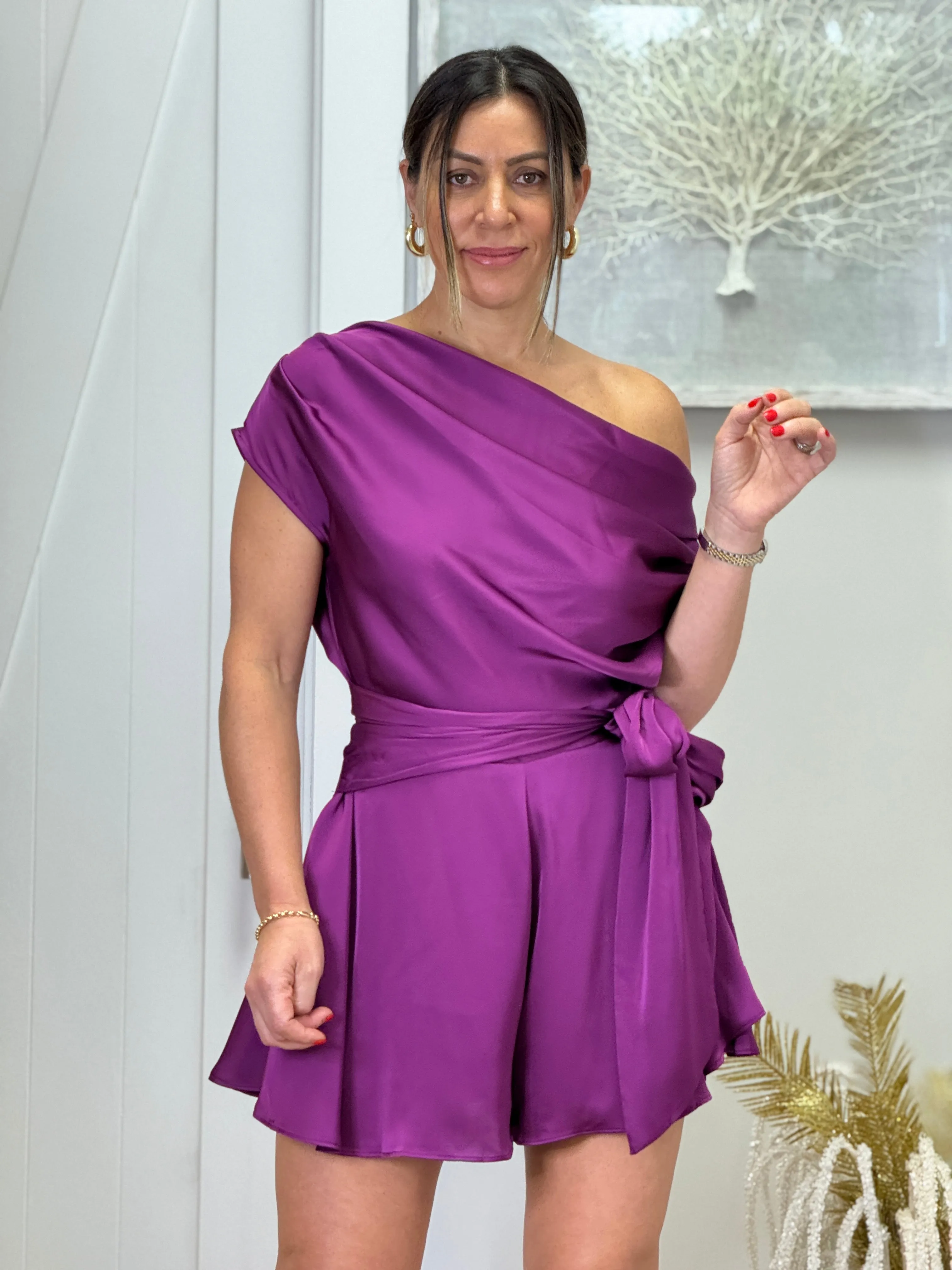 "Briana" Satin Off The Shoulder Drape Romper