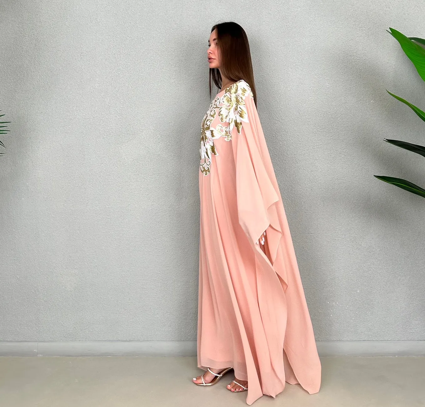 RAM23 RAMA PINK WHITE GOLD SEQUINS CHIFFON KAFTAN