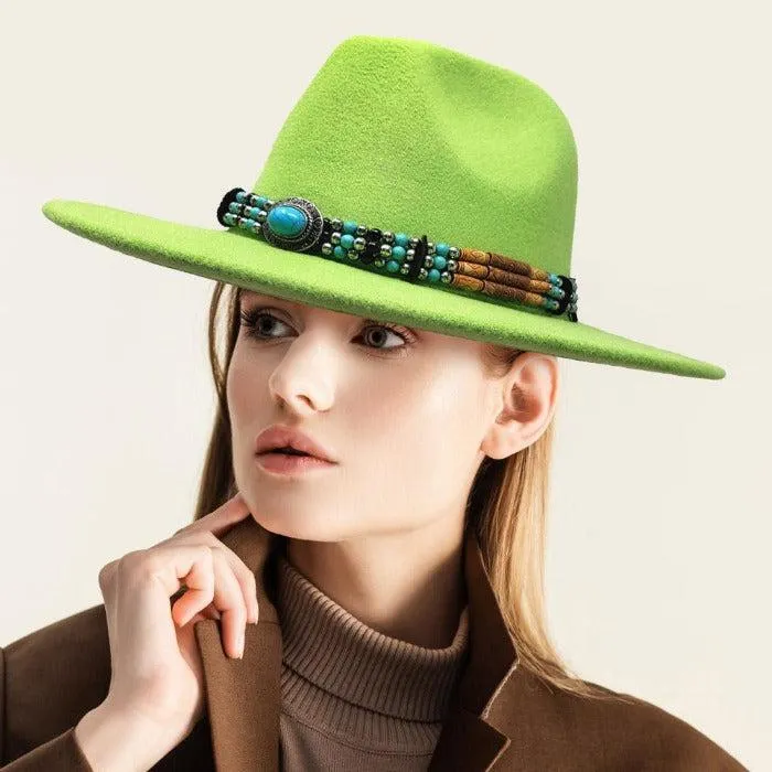 Rancher Panama Hat Felt Green Turquoise Accented