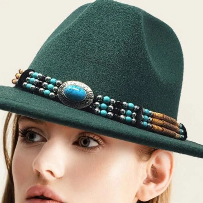 Rancher Panama Hat Felt Green Turquoise Accented