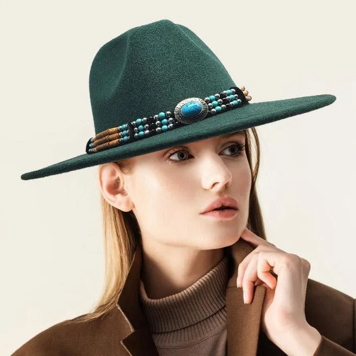 Rancher Panama Hat Felt Green Turquoise Accented