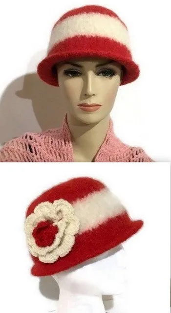 Ready to ship, womens wool hat, felted hat for women, The Andrea's hat, cloche hat, women size, red and cream hat,