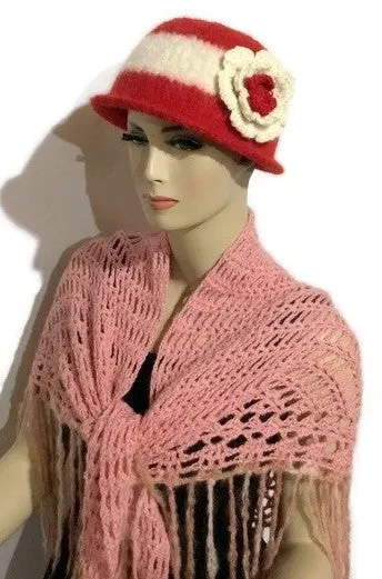 Ready to ship, womens wool hat, felted hat for women, The Andrea's hat, cloche hat, women size, red and cream hat,