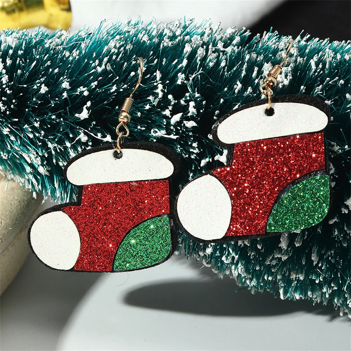 Red & Green Glitter Stocking Drop Earrings